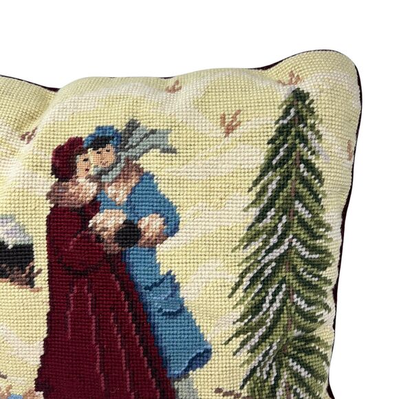 Needlepoint Winter Scene Throw Pillow 2 People Winter Coats Snowy Tree Cabin - Picture 3 of 16